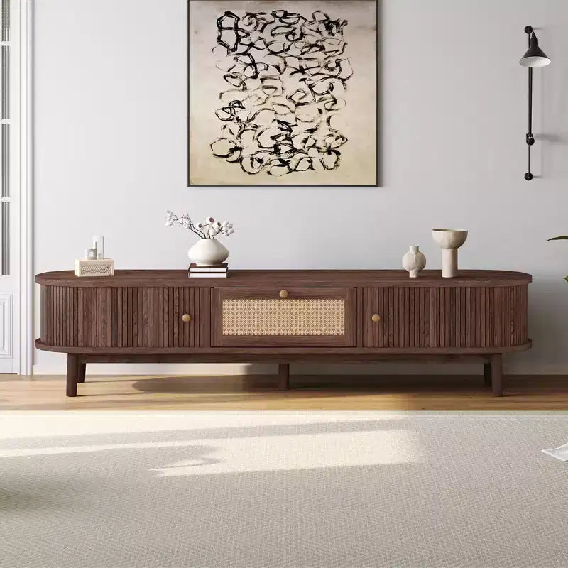 67 Inch Dark Brown TV Stand for 75 InchesTVs Console TV Cabinet with Rattan-Front Drawer for Living Room