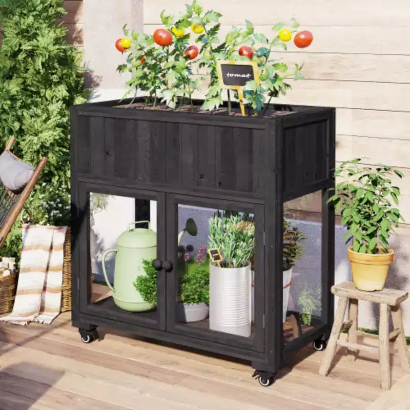 Compact Garden Greenhouse with Wheels - 35.4x17.7x37.4 Mini Wood Cold Frame with Raised Bed Liner