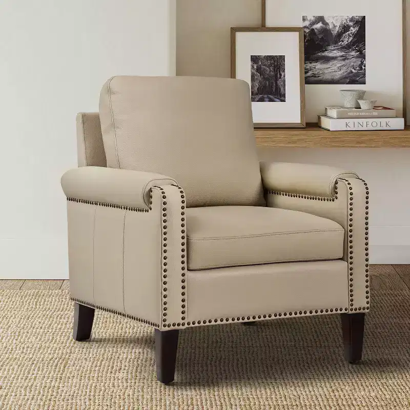 Hellmuth Genuine Leather Armchair with Removable Cushion and Nailhead Trims | HULALA HOME