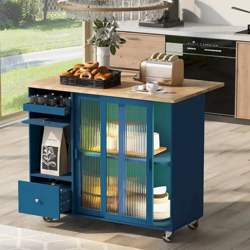 Rolling Kitchen Island Cart with Sliding Fluted Glass Doors and LED Lights