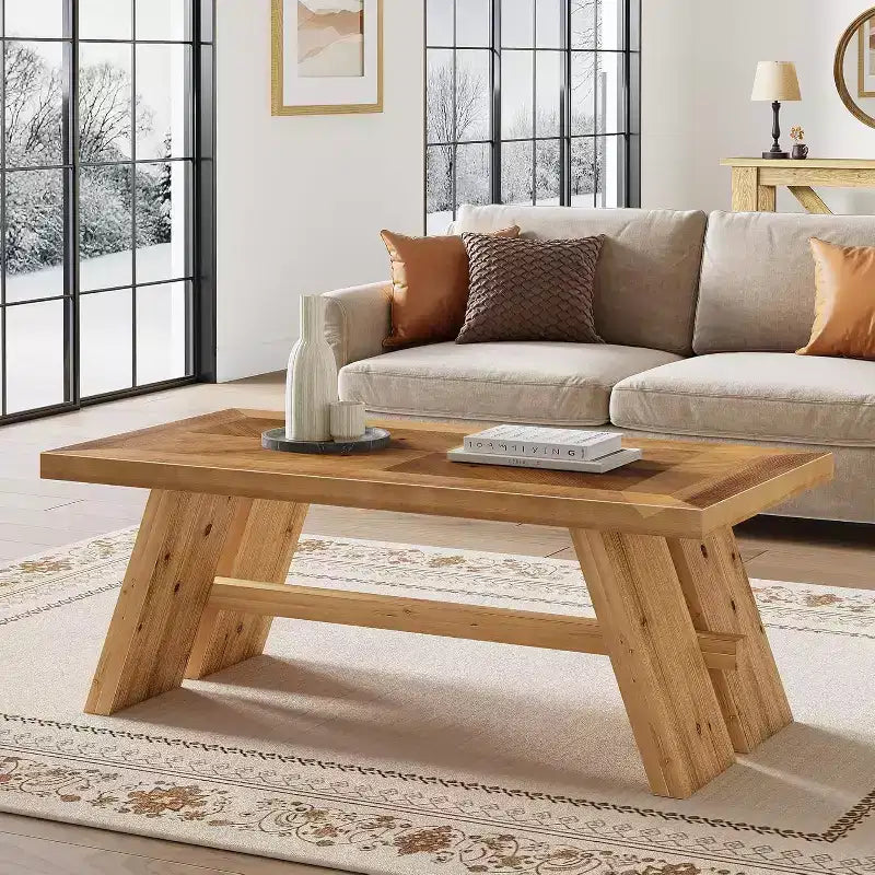 Lantine Solid Wood Coffee Table, 47-Inch Farmhouse Rectangle Center Table for Living Room