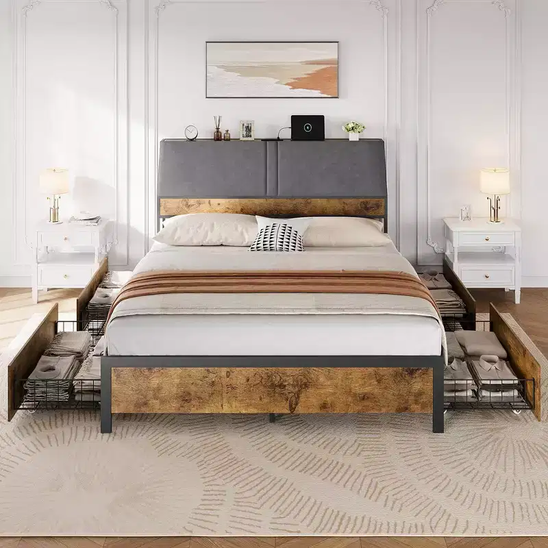 Whizmax Bed Frame with Charging Station and 4 Storage Drawers, Metal Platform Bed with Ergonomic Large Storage Headboard, No Box Spring Needed, Brown