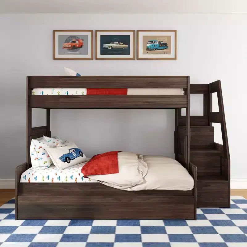 Modern Farmhouse Twin Over Full Bunk Bed With Staircase and Trundle