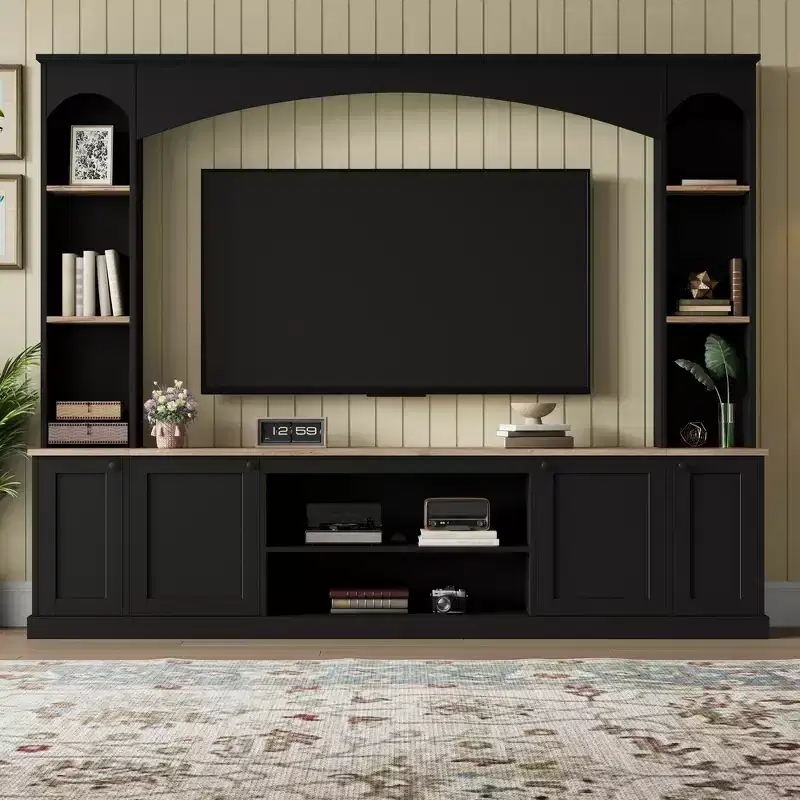 91 Media Console, Arched Entertainment Center Wall Unit, TV Stand with Bookshelf, Wood Grain for TVs Up to 70