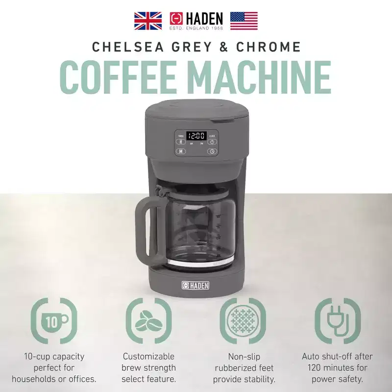 Haden Chelsea Coffee Machine, 10 Cup Programmable Drip Coffee Maker with Auto Shut-Off Function and Keep-Warm Function, Grey & Chrome