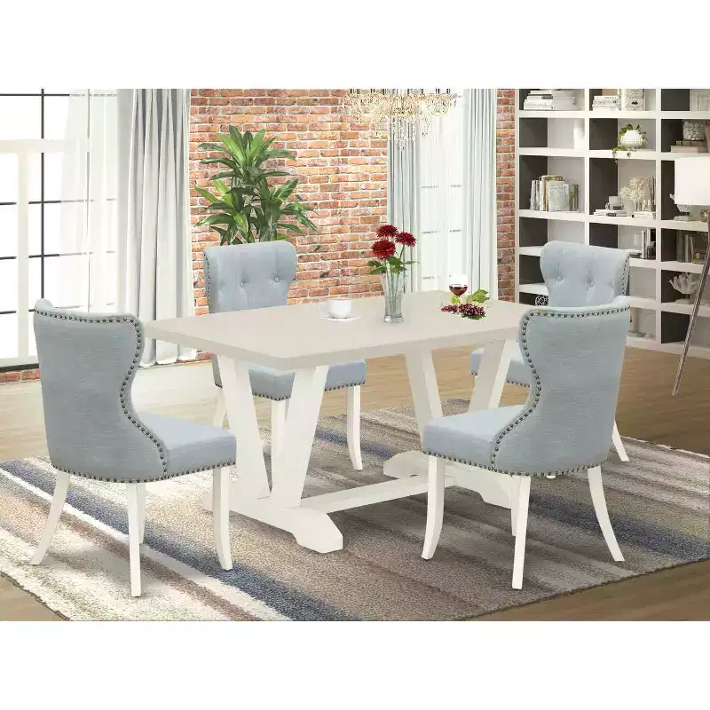 HomeStock 5-Piece Rectangle Natural Oak Finish Solid Speckled Top Dining Table with 4 Baby Blue Parson Chair
