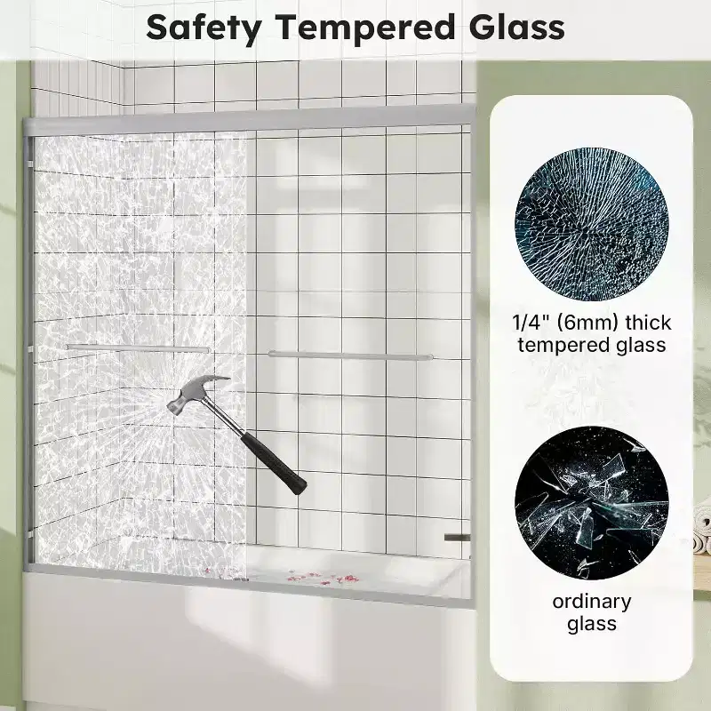 Zevemomo 56-60Wx 58H Bathtub,Double Sliding Tub with 1/4 (6mm)Thick Clear Tempered Glass,Noiseless Shatterproof Shower Door,Stainless Steel Handle