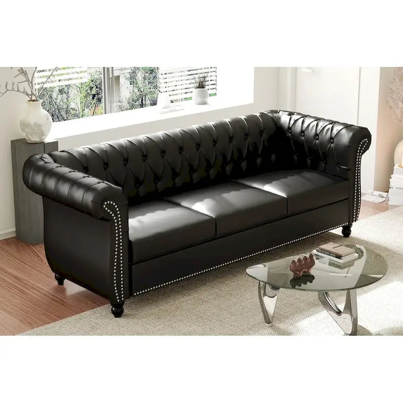 84 Mid-Century Modern 3-Seater Chesterfield Sofa, PU Leather, Birch Legs, 660 lbs