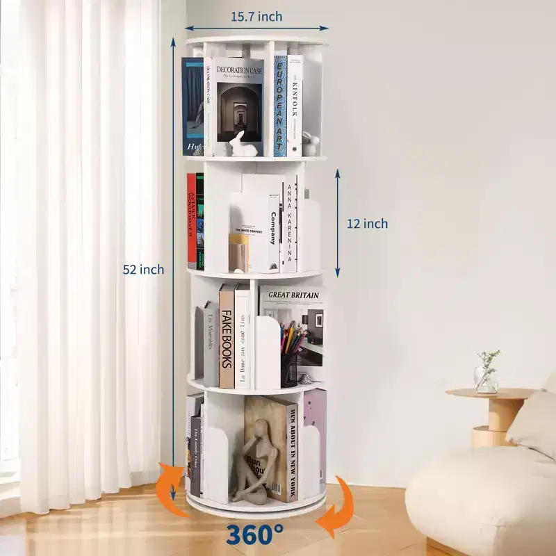4 Tier Wooden Rotating Bookshelf, 360 Floor-Standing Bookcase and Multi-Functional Storage Organizer for Living Room, Kids, and Adults