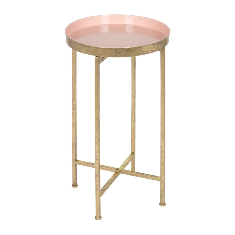 Round Metal Foldable Tray Accent Table - Portable Side Table with Removable Serving Tray for Bedroom and Living Room