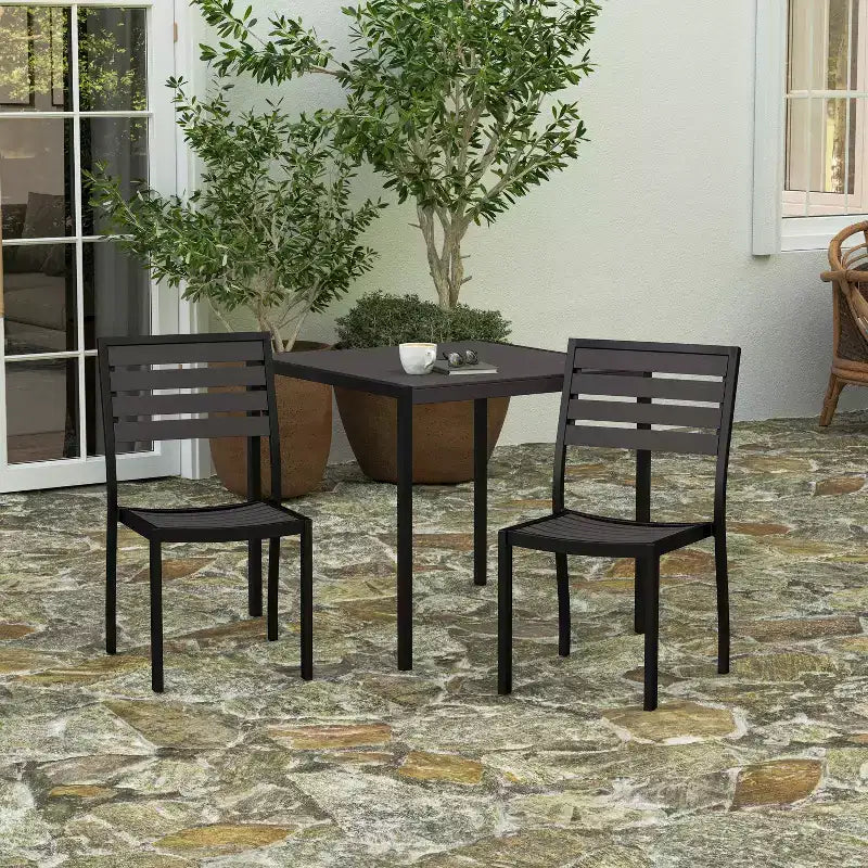Merrick Lane Outdoor Side Chairs Poly Faux Wood and Metal Patio and Deck Chairs for All-Weather Use- Set of 2