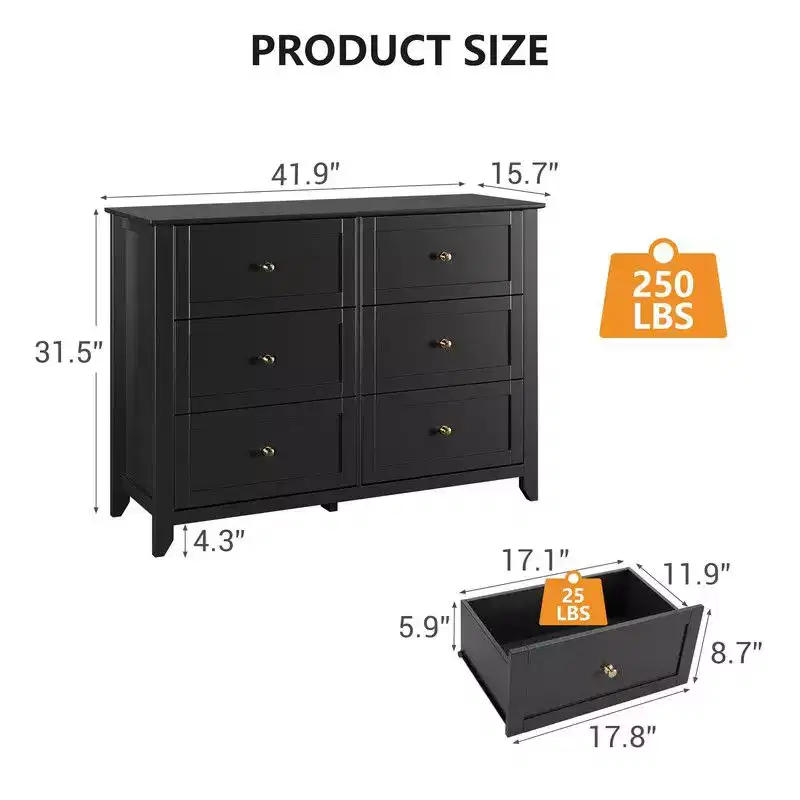 Coolmee Dresser for Bedroom, 6 Chest of Drawer Dresser for 48 inch TV, Modern Wood TV Stand for Living Room, Closet Storage, Entryway, Hallway