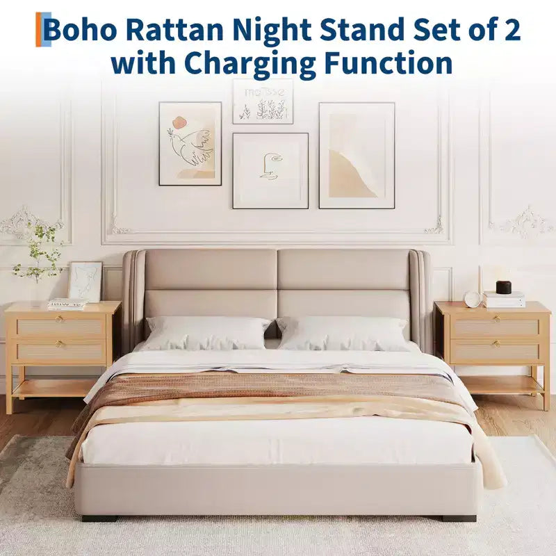 Modern Boho Rattan Nightstands Set of 2 C 2 Drawers, Storage Shelf, Farmhouse Bedside Tables, Wide Design for Bedroom, Contemporary Style