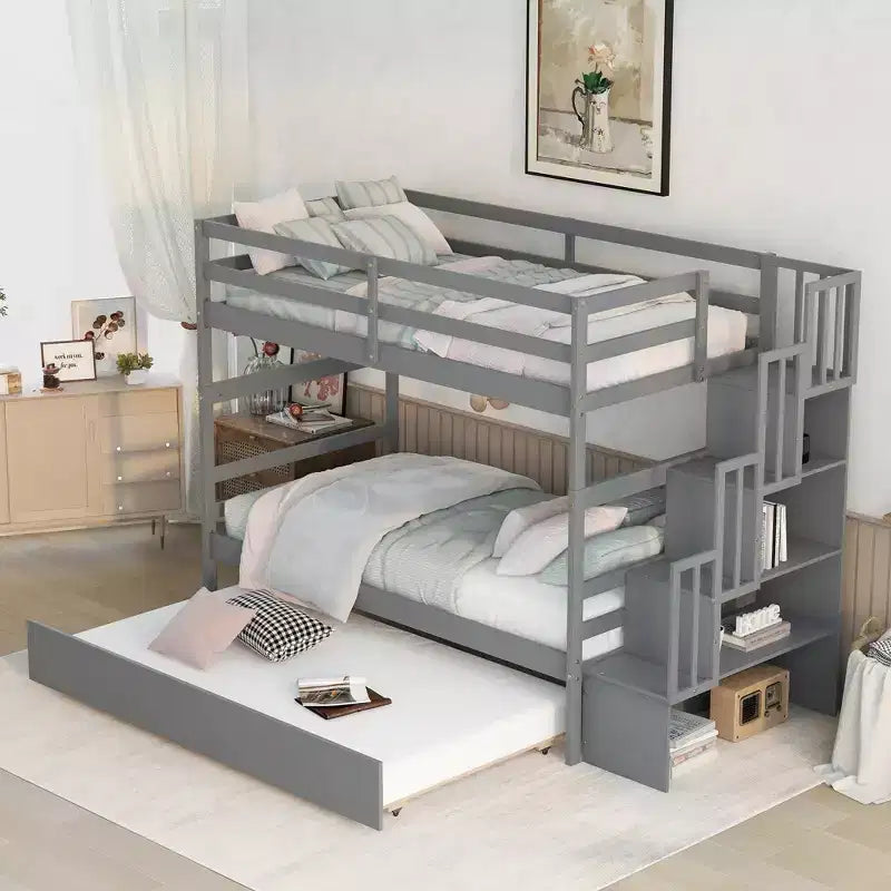 Twin over Twin Bunk Beds With Twin Trundle and Stairway Storage Function