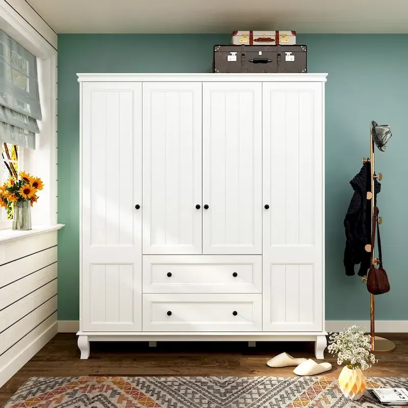 63W Wood Family Wardrobe Armoire Closet White Lacquer Clothing Rods