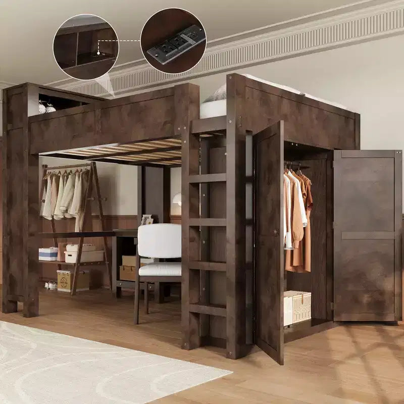 Whisen Wooden Queen Loft Bed Frame with Wardrobe and Desk, Built-In Headboard with Storage