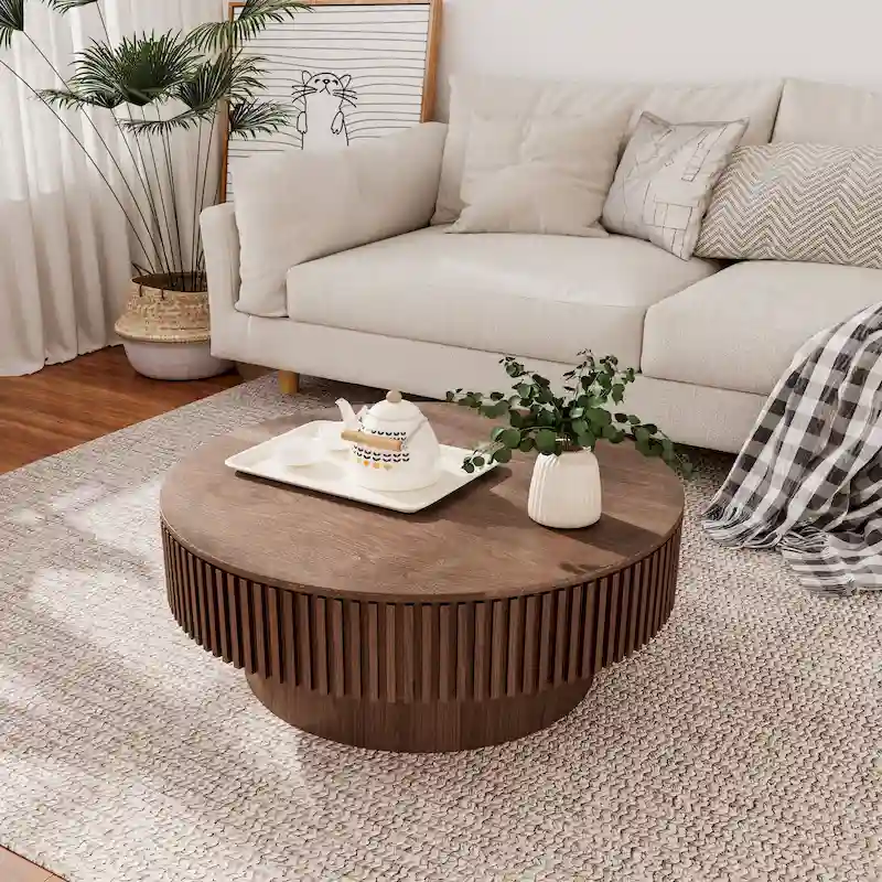 Modern Solid Wood Veneered Round Coffee Tea Table with Storage