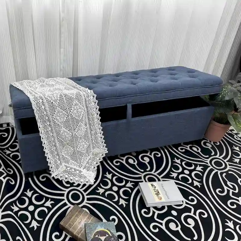 Flip-Top Storage Ottoman Bench – Blue, Button-Tufted Linen, 1-Person Seating