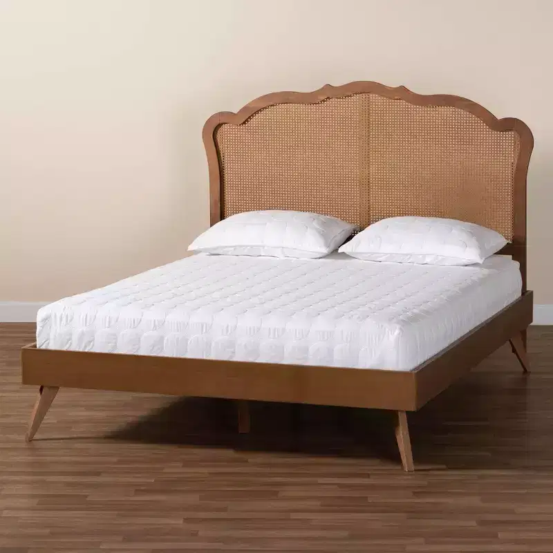 Queen Aithan Wood and Rattan Platform Bed Walnut Brown