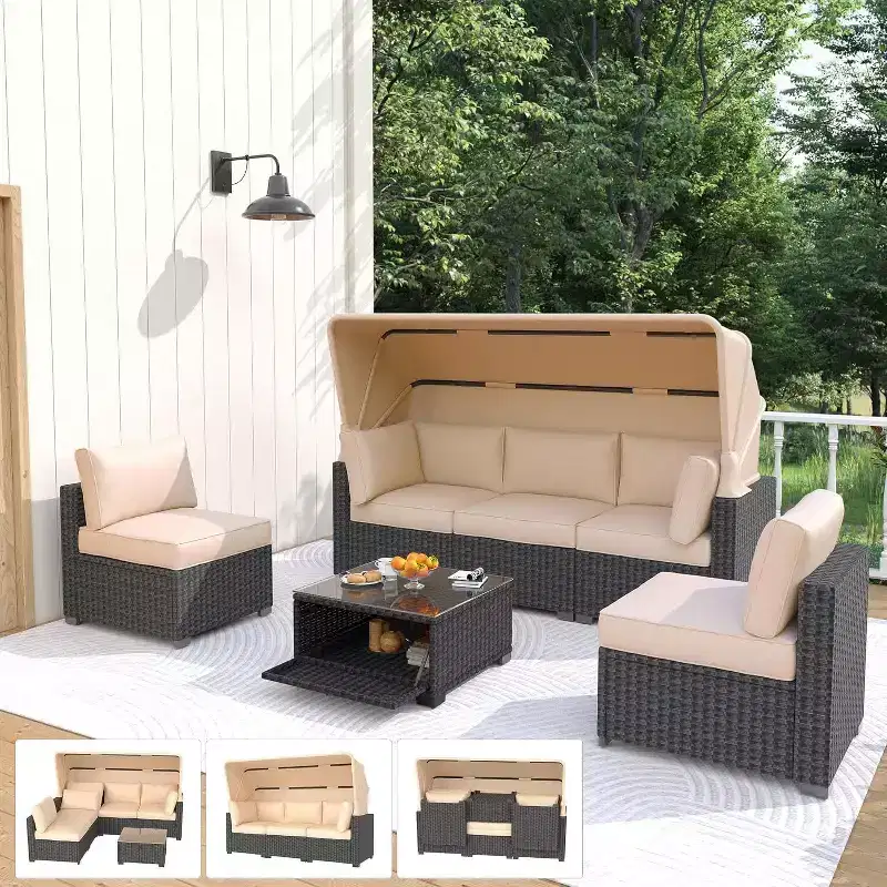 Garvee Outdoor Daybed with Canopy,6 Pieces Patio Furniture Sets Adjustable Backrest PE Gradient Wicker Sectional Furniture Set