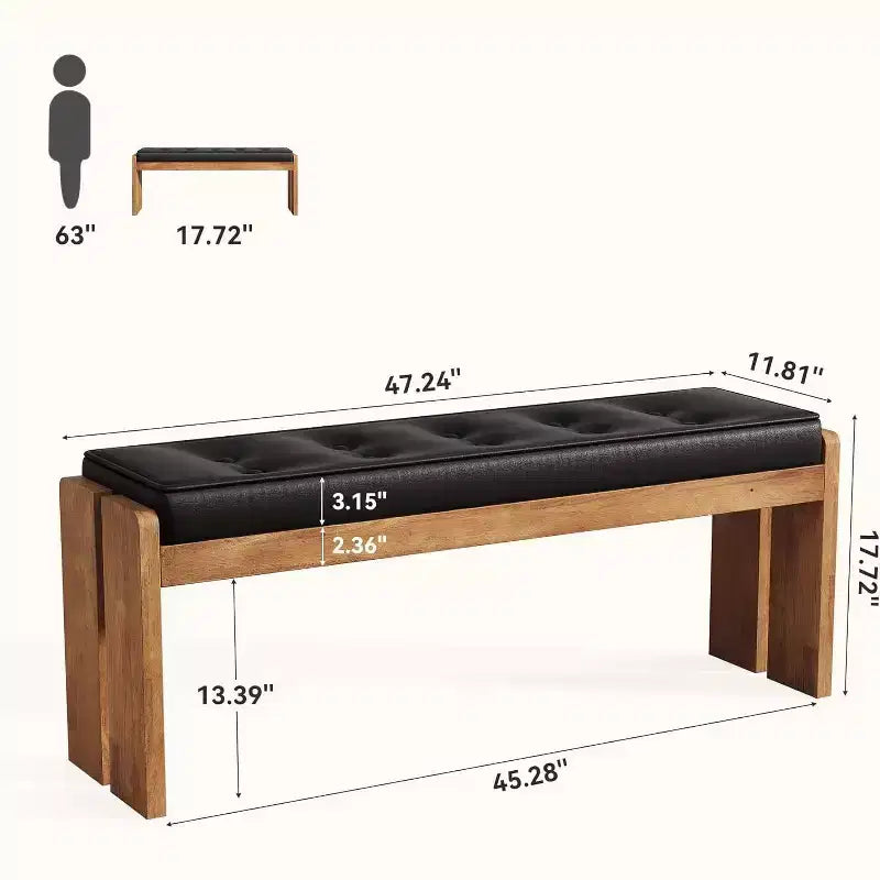 Lantine 47-Inch Solid Wood Entryway Bench, End of Bed Bench with Button-Tufted Leather Pad and Wooden Legs for Living Room, Bedroom, Hallway