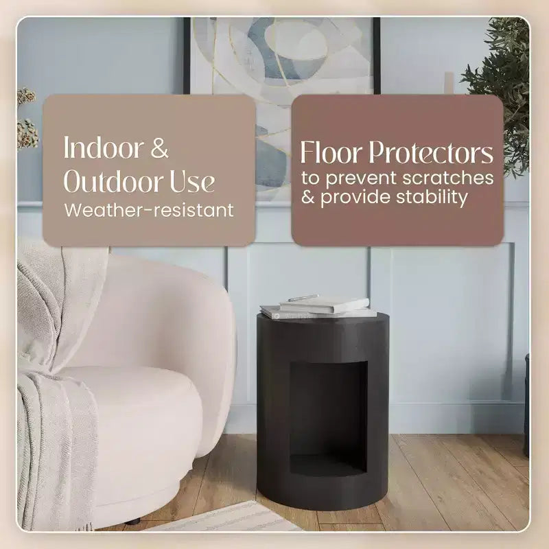 LeisureMod 17 Wide Round Side Table in Fiberstone with Open Storage and Painted Finish, Indoor/Outdoor Use, No Assembly, Nook Collection