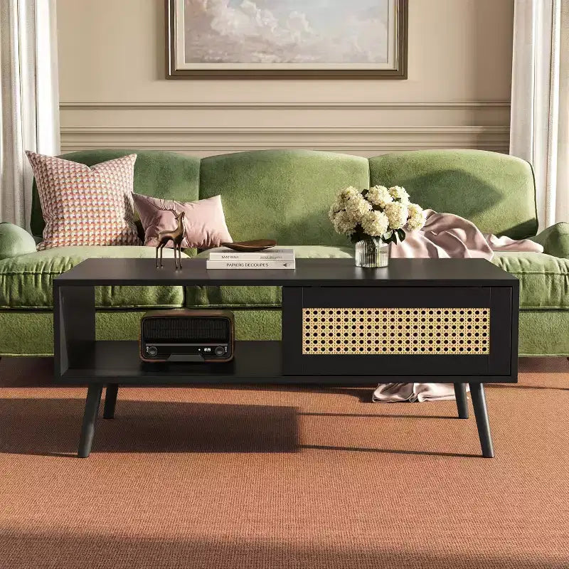 Wood Coffee Table with Storage - Boho Center Sofa Table with Sliding Door and Open Shelf for Living Room, Bedroom, Easy Assembly