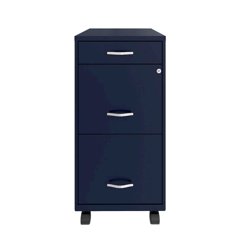 18-inch deep three-drawer mobile metal filing cabinet, navy blue