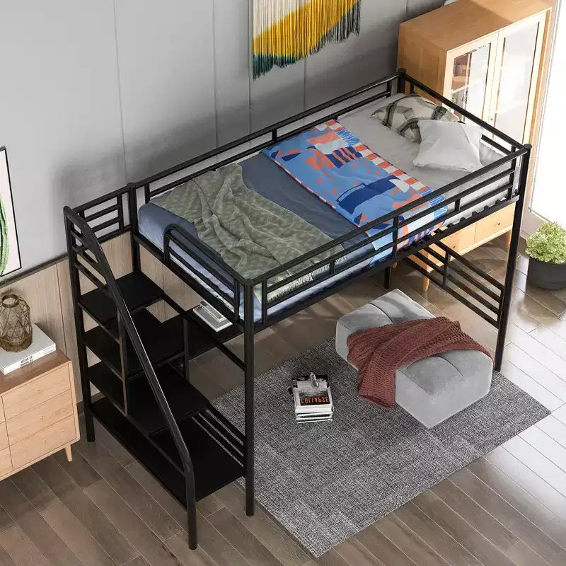 94.40''L 41.40''W 71.70H Industrial Style Twin Size Metal Loft Bed Frame with Built-in Desk and Stairs - Black
