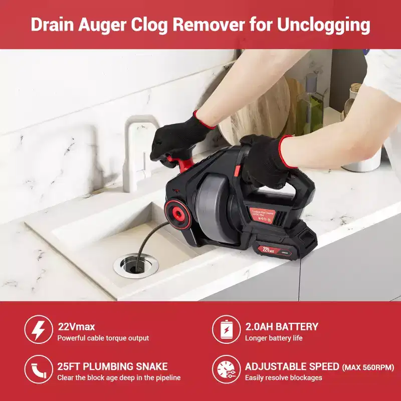 Drain Auger Electric, 25 ft Plumbing Snakes, Snake Drain Clog Remover for Unclogging Toilet, Sewer, Bathroom, Sink Drain PipesBatteries Included)