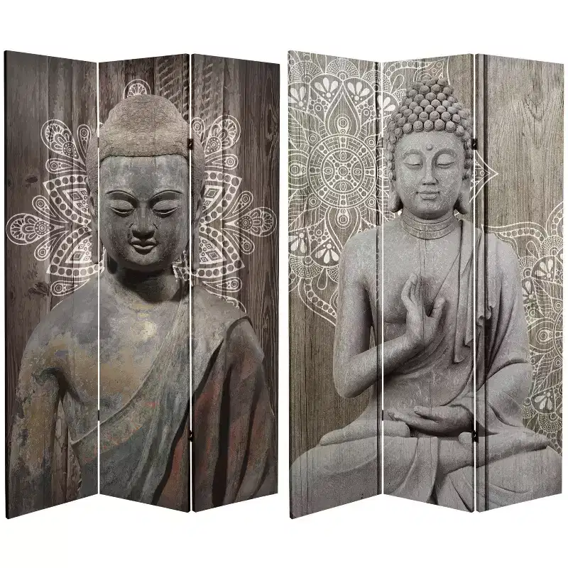 6" Double Sided Stone Buddha Canvas Room Divider Gray - Oriental Furniture: Privacy Screen, 3 Panels, No Assembly Required