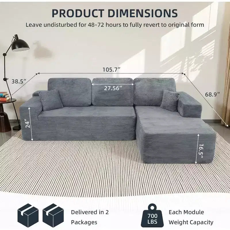 MooxvMoo 105 Modular Sectional Sofa with Throw Pillow&Deep Seat for Living Room,Comfy Corduroy L Shaped Couch with Chaise,No Assembly Required, Gray