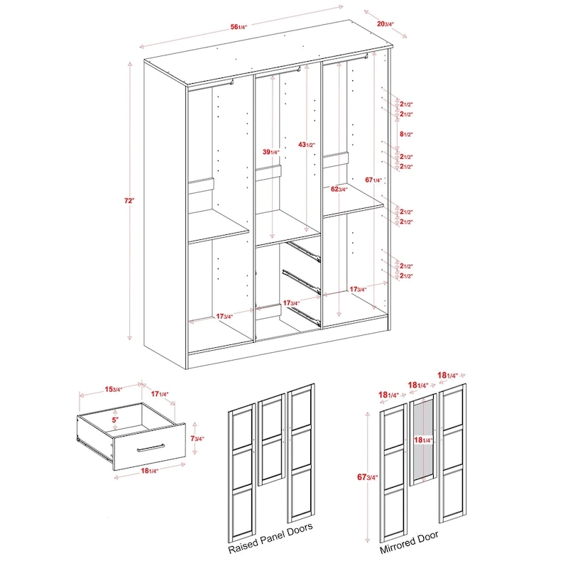 Palace Imports 100% Solid Wood Cosmo 3-Door Wardrobe Armoire with Solid Wood or Mirrored Doors