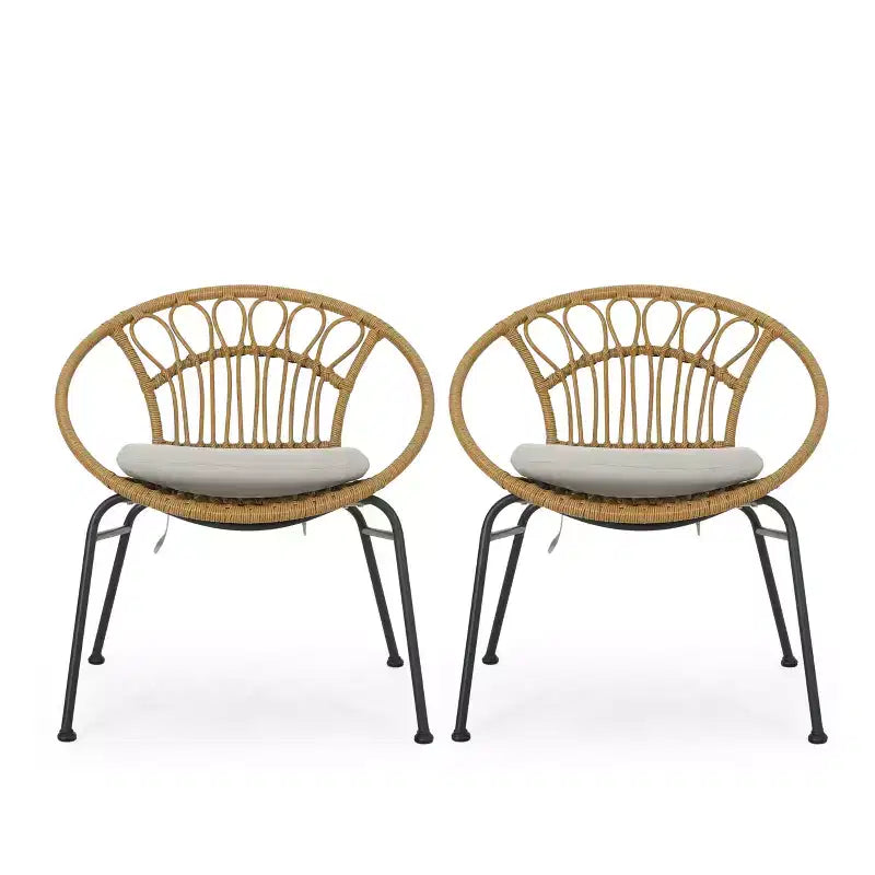 GDFStudio Beulah Outdoor Wicker and Iron Dining Chairs with Cushion (Set of 2), Light Brown/Beige