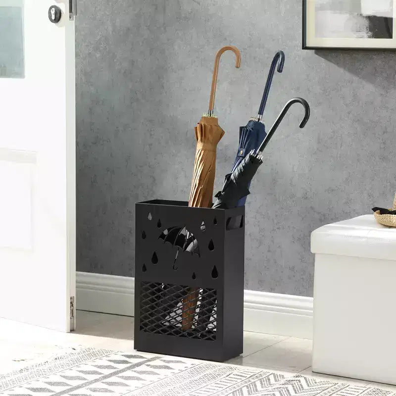 SONGMICS Metal Umbrella Stand, Rectangular Umbrella Holder Rack, with a Removable Drip Tray, 4 Hooks, Cutout Design, for Entryway, Office, Black