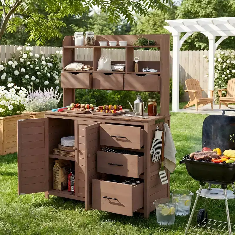 Farmhouse Potting Bench for Gardening, 65 Freestanding Garden Workstation with 6 Drawers, Cabinet, and Side Hook-Panipeachy