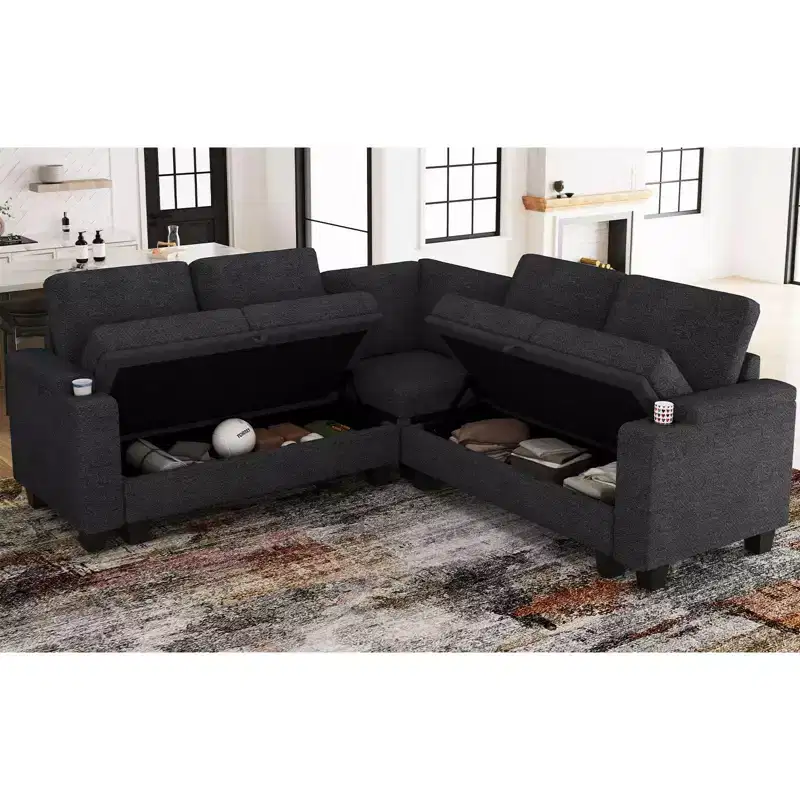L-Shaped Fabric Sectional Couch - Modular Design with Hidden Storage & Removable Cup Holder