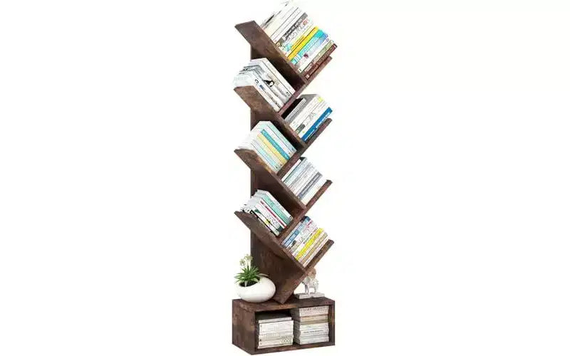GustoWave Tier Wooden Tall Bookshelf with Storage, Corner Bookshelf, Tree Bookshelf, for Living Room, Bedroom, Home Office