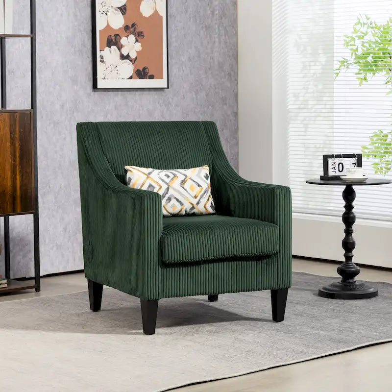 Upholstered Accent Arm Chair with Scooped Arms & Rubber Wood Legs | Corduroy | Emerald