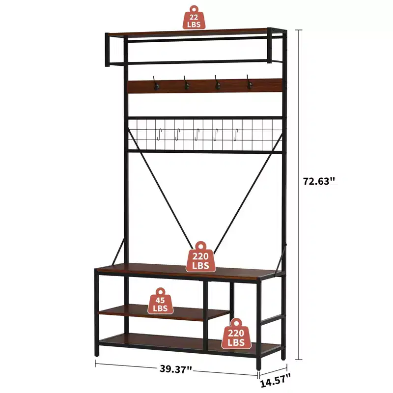 5-in-1 Entryway Hall Tree with Bench, Coat Rack, Adjustable Shoe Storage Shelf, Hanging Rod & 9 Hooks, for Hallway, Mudroom & Bedroom
