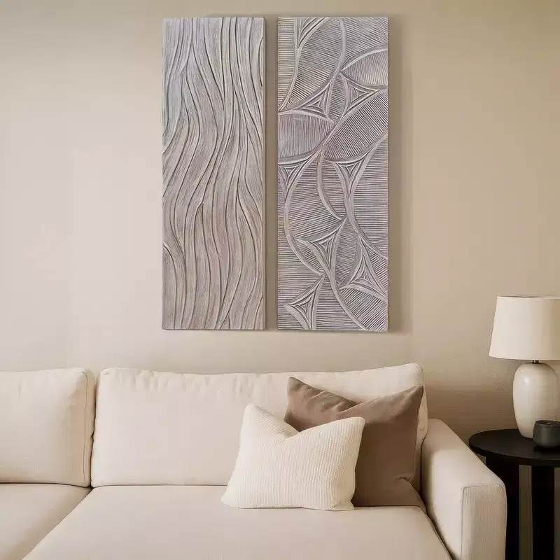 Royal Hampton 2pc Wood Wall Art Panels | 16x48 Inch Abstract Geometric and Wave Pattern Decor| Distressed Gray