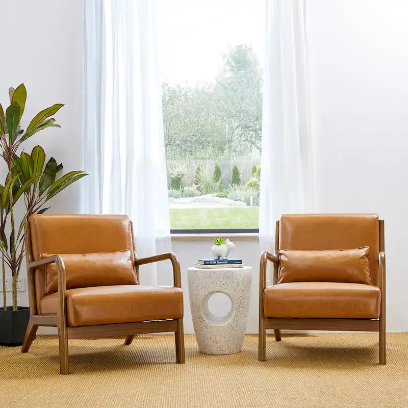 Set of 2 Mid-Century Modern PU Leather Accent Chairs with Cushion - 25.75W x 33.75D x 30.75H