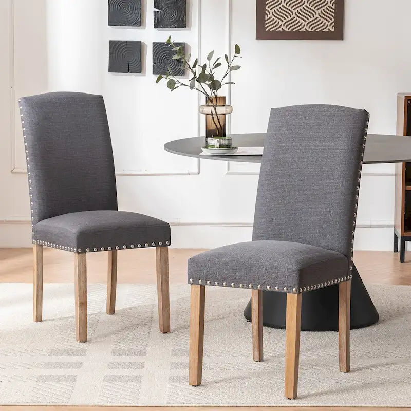 Set of 2 Gray Fabric Dining Chairs with Nailhead Trim