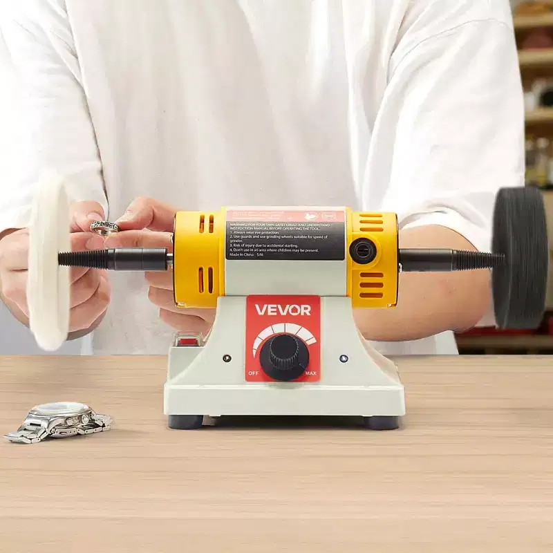 VEVOR Bench Buffer Polisher, 1/2HP, 0 to 8000RPM Benchtop Polisher Grinder with 4 Cloth Wheel, 3 Grinding Wheel & 3 Fiber Wheel, Yellow+White