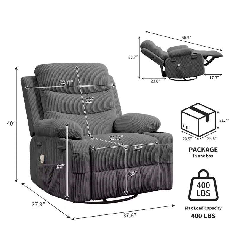 Oversized Swivel Rocker Recliner Chair, with Cup Holder, Side & Front Pockets, Ergonomic Lounge Sofa, Supports 400 LBS, for Living Room, Bedroom