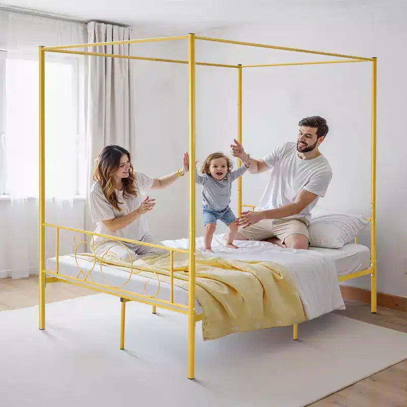 VEVOR Full Size Canopy Bed Frame, Metal Canopy Bed with Minimalist Headboard & Four Posters Design, Heavy Duty Steel Slats Support, Gold