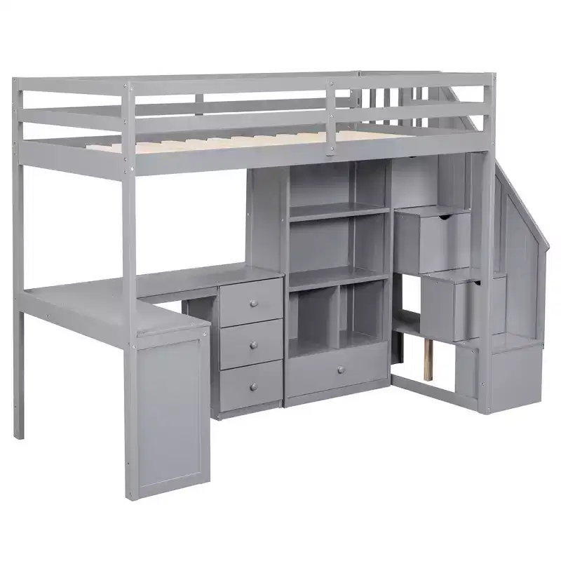 Twin Size Loft Bed with L-Shaped Desk, 3 Drawers, Cabinet, Staircase Storage, Solid Pine/MDF Build
