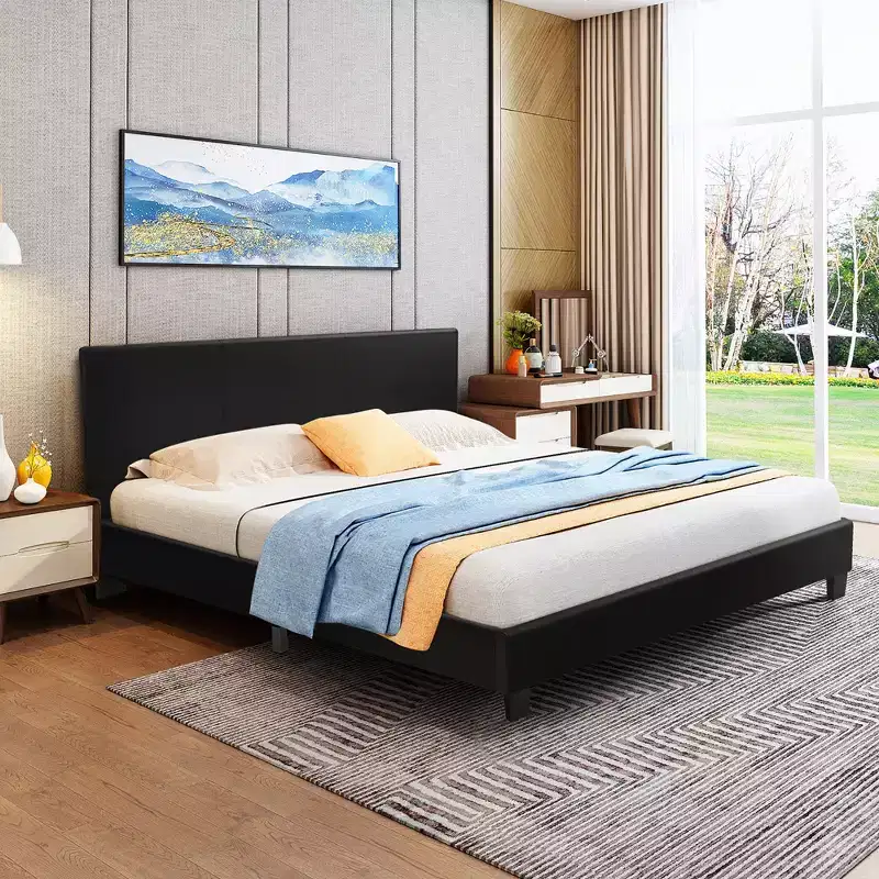 Costway Full Upholstered Platform Bed Frame with Linen/PU Headboard Wood Slat Gray/Black