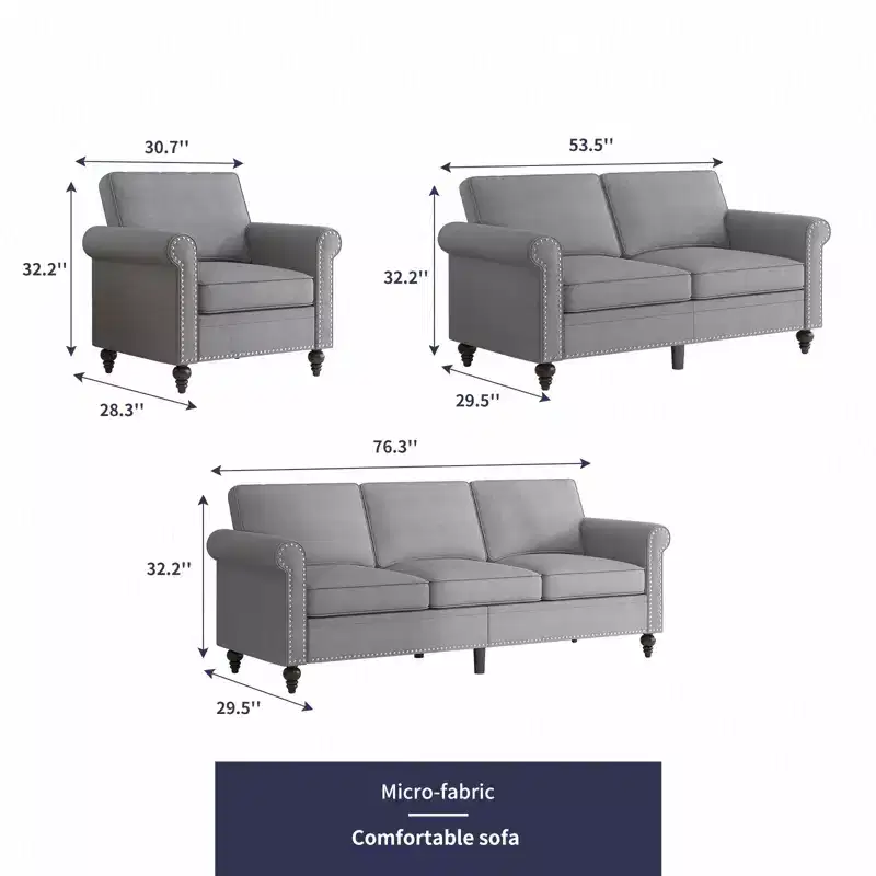 Mjkone 3 Piece Linen Living Room Sofa Set,Modern 3-Seater Sofa Couch&Loveseat Sofa&Single Sofa Armchair Set