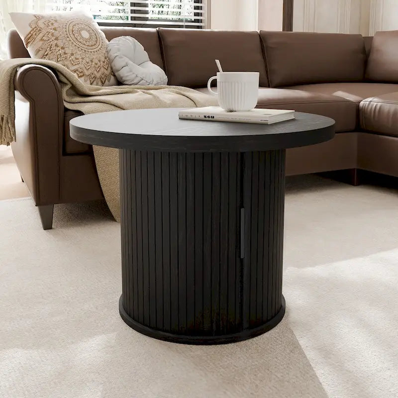 Round Coffee Table with Tambour Doors and Storage Shelf